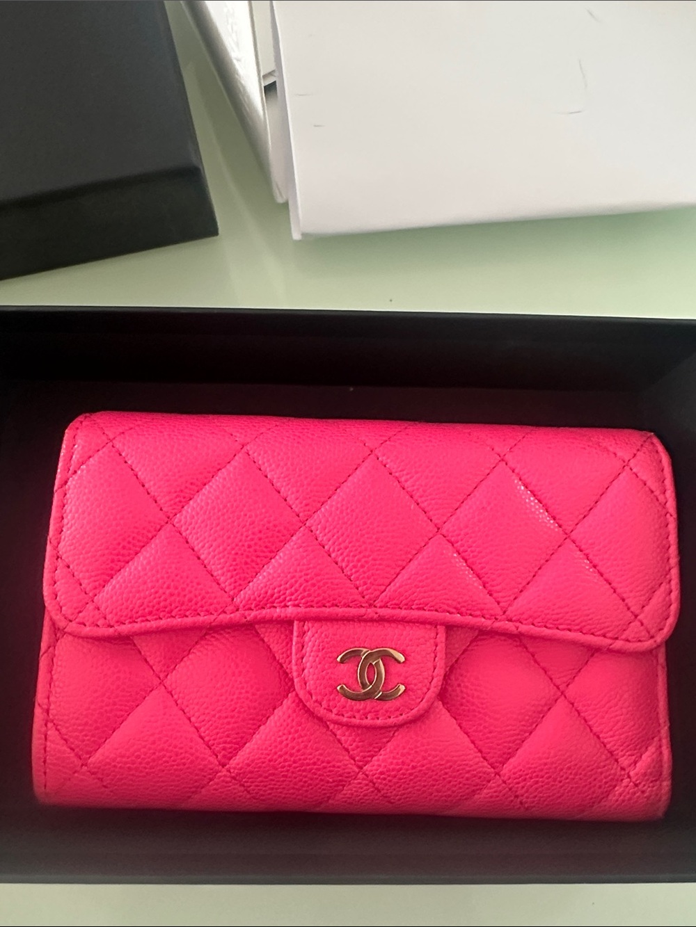 CHANEL Hot Pink Quilted Caviar Leather Wallet with Gold CC